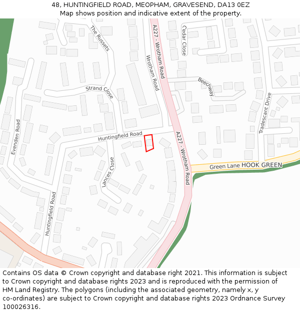 48, HUNTINGFIELD ROAD, MEOPHAM, GRAVESEND, DA13 0EZ: Location map and indicative extent of plot