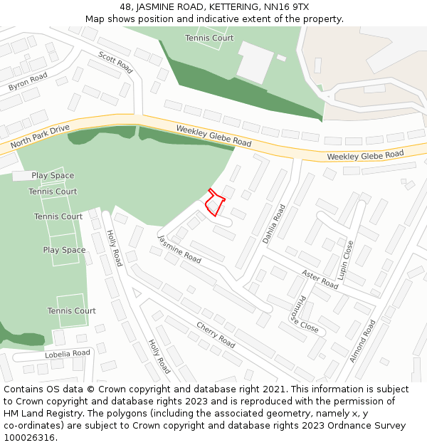 48, JASMINE ROAD, KETTERING, NN16 9TX: Location map and indicative extent of plot