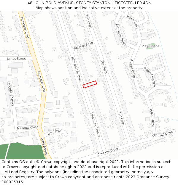 48, JOHN BOLD AVENUE, STONEY STANTON, LEICESTER, LE9 4DN: Location map and indicative extent of plot