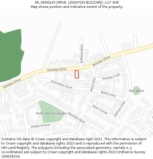 48, KEMSLEY DRIVE, LEIGHTON BUZZARD, LU7 3HE: Location map and indicative extent of plot