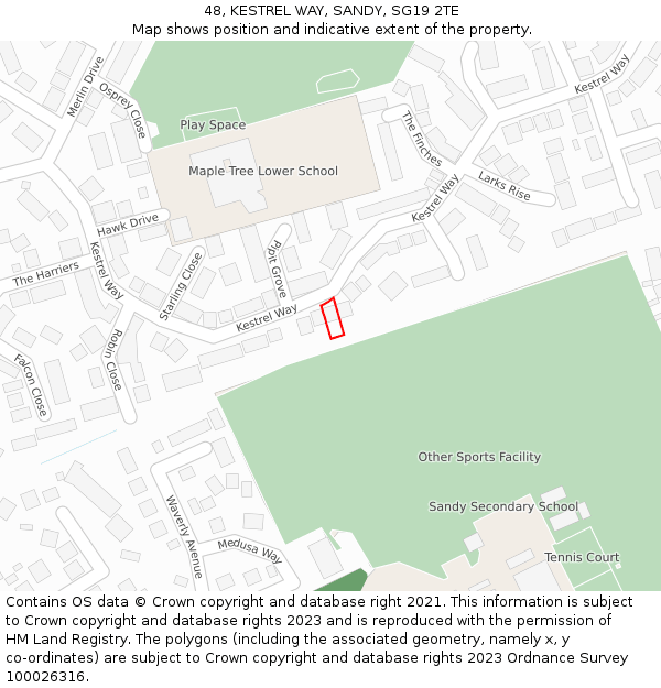 48, KESTREL WAY, SANDY, SG19 2TE: Location map and indicative extent of plot