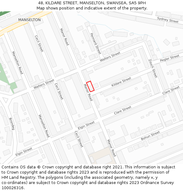 48, KILDARE STREET, MANSELTON, SWANSEA, SA5 9PH: Location map and indicative extent of plot