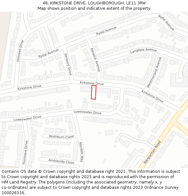 48, KIRKSTONE DRIVE, LOUGHBOROUGH, LE11 3RW: Location map and indicative extent of plot