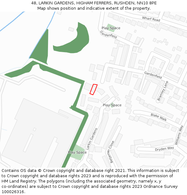 48, LARKIN GARDENS, HIGHAM FERRERS, RUSHDEN, NN10 8PE: Location map and indicative extent of plot