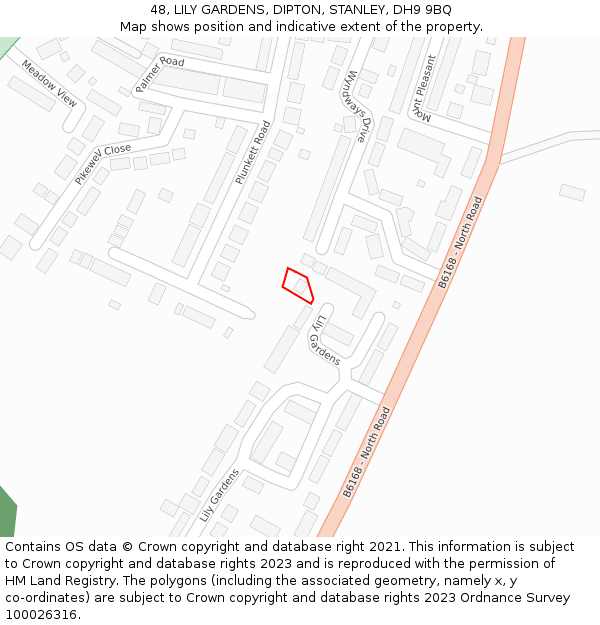 48, LILY GARDENS, DIPTON, STANLEY, DH9 9BQ: Location map and indicative extent of plot