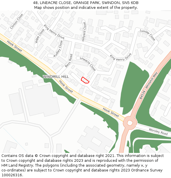 48, LINEACRE CLOSE, GRANGE PARK, SWINDON, SN5 6DB: Location map and indicative extent of plot