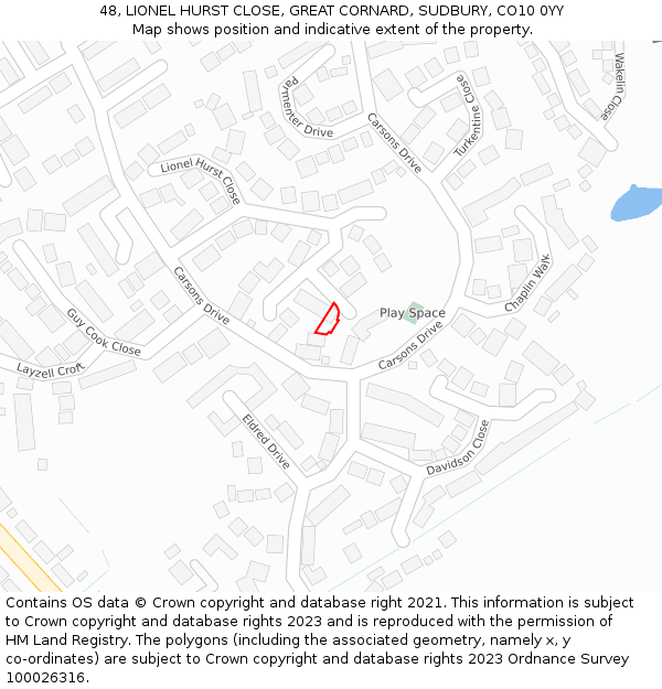 48, LIONEL HURST CLOSE, GREAT CORNARD, SUDBURY, CO10 0YY: Location map and indicative extent of plot