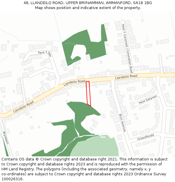 48, LLANDEILO ROAD, UPPER BRYNAMMAN, AMMANFORD, SA18 1BG: Location map and indicative extent of plot