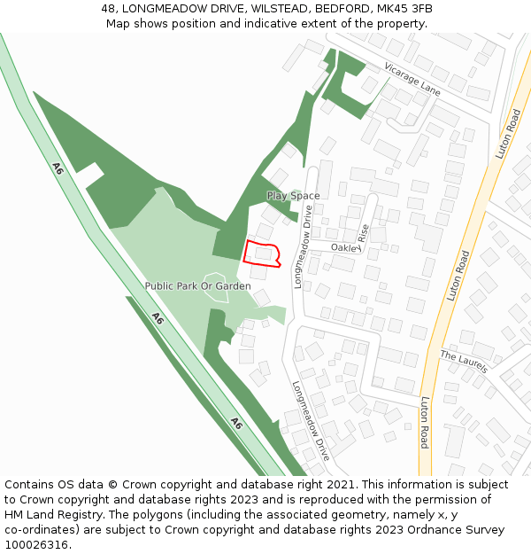 48, LONGMEADOW DRIVE, WILSTEAD, BEDFORD, MK45 3FB: Location map and indicative extent of plot