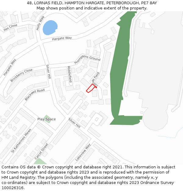 48, LORNAS FIELD, HAMPTON HARGATE, PETERBOROUGH, PE7 8AY: Location map and indicative extent of plot