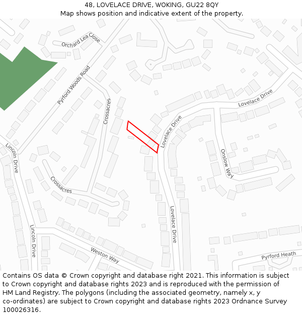 48, LOVELACE DRIVE, WOKING, GU22 8QY: Location map and indicative extent of plot