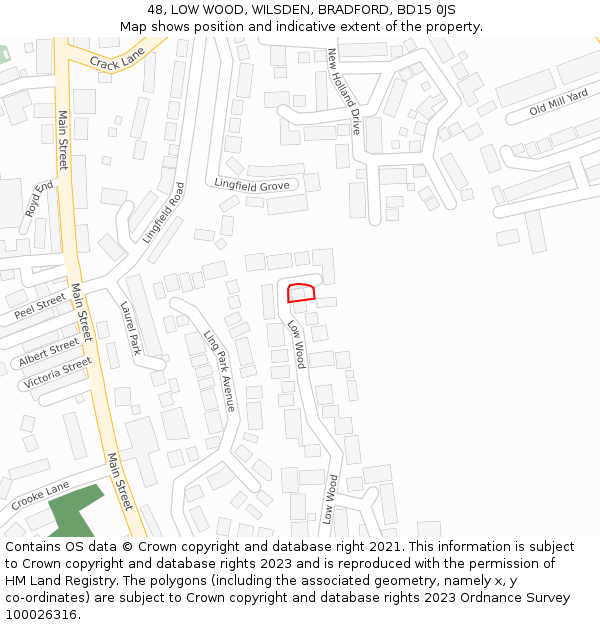 48, LOW WOOD, WILSDEN, BRADFORD, BD15 0JS: Location map and indicative extent of plot