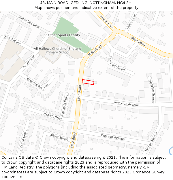 48, MAIN ROAD, GEDLING, NOTTINGHAM, NG4 3HL: Location map and indicative extent of plot