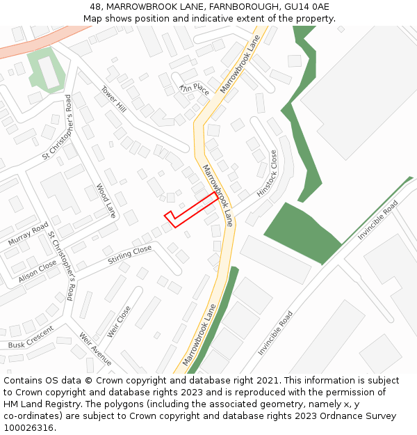 48, MARROWBROOK LANE, FARNBOROUGH, GU14 0AE: Location map and indicative extent of plot