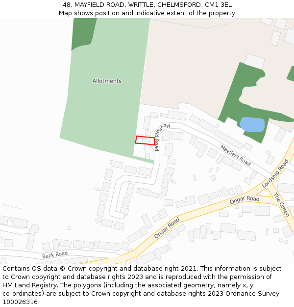 48, MAYFIELD ROAD, WRITTLE, CHELMSFORD, CM1 3EL: Location map and indicative extent of plot