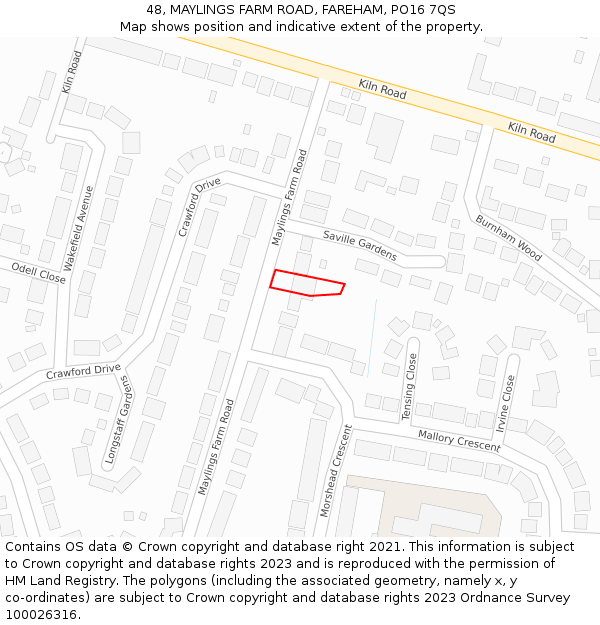 48, MAYLINGS FARM ROAD, FAREHAM, PO16 7QS: Location map and indicative extent of plot