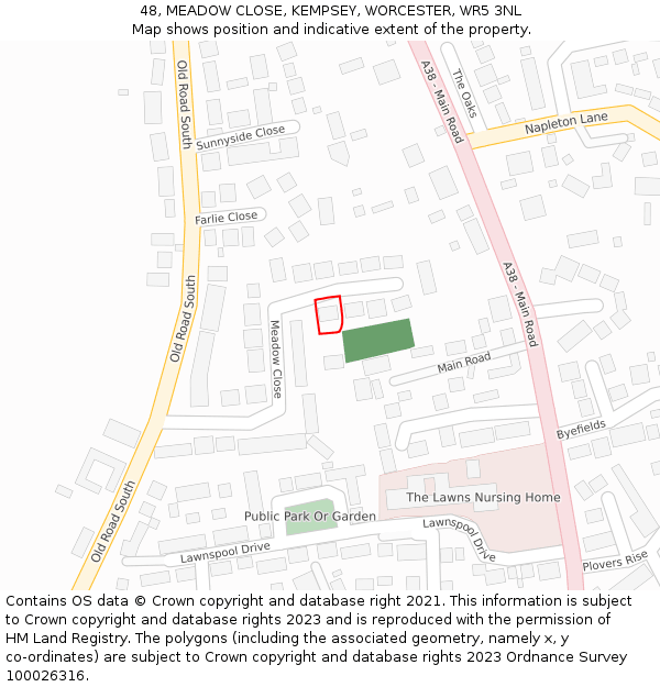 48, MEADOW CLOSE, KEMPSEY, WORCESTER, WR5 3NL: Location map and indicative extent of plot