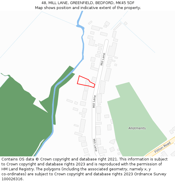 48, MILL LANE, GREENFIELD, BEDFORD, MK45 5DF: Location map and indicative extent of plot