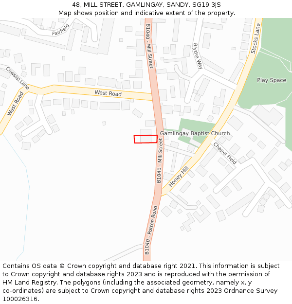 48, MILL STREET, GAMLINGAY, SANDY, SG19 3JS: Location map and indicative extent of plot