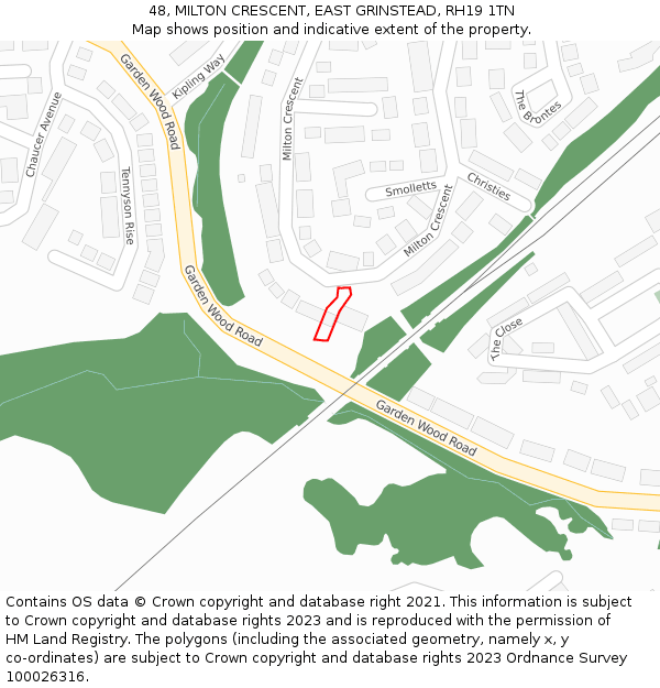48, MILTON CRESCENT, EAST GRINSTEAD, RH19 1TN: Location map and indicative extent of plot