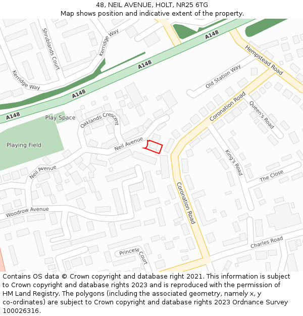 48, NEIL AVENUE, HOLT, NR25 6TG: Location map and indicative extent of plot