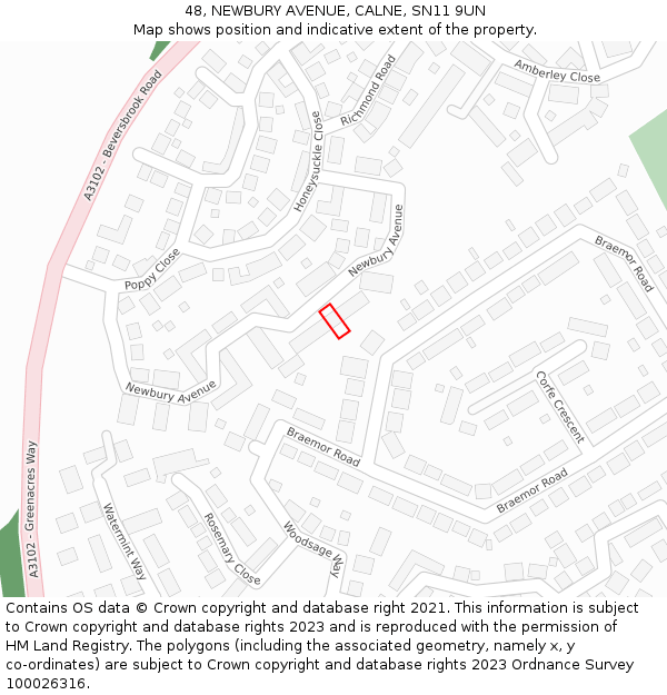 48, NEWBURY AVENUE, CALNE, SN11 9UN: Location map and indicative extent of plot