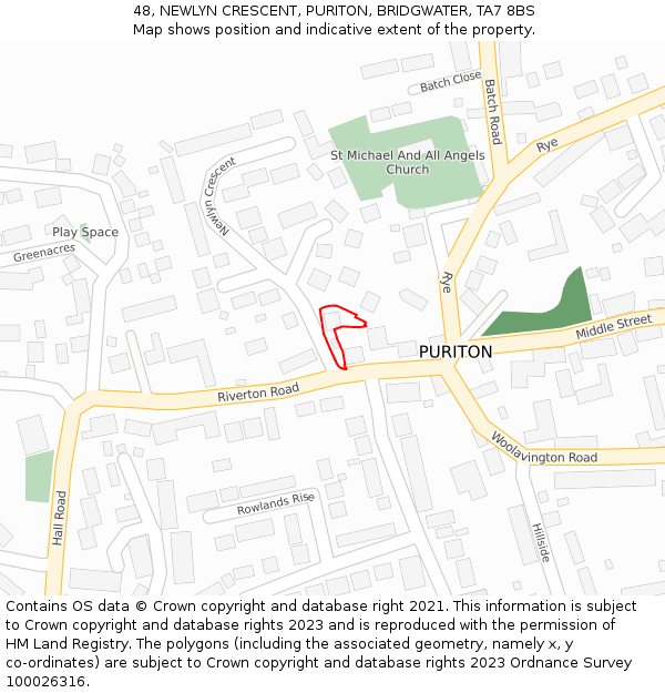 48, NEWLYN CRESCENT, PURITON, BRIDGWATER, TA7 8BS: Location map and indicative extent of plot