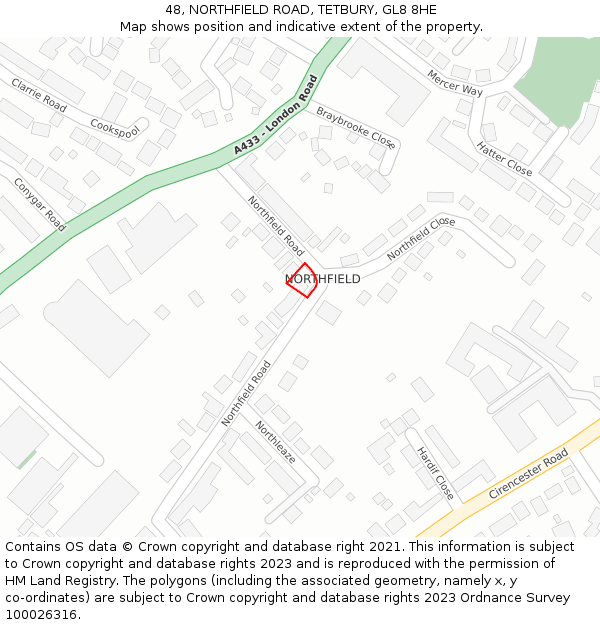 48, NORTHFIELD ROAD, TETBURY, GL8 8HE: Location map and indicative extent of plot