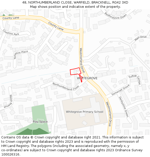 48, NORTHUMBERLAND CLOSE, WARFIELD, BRACKNELL, RG42 3XD: Location map and indicative extent of plot