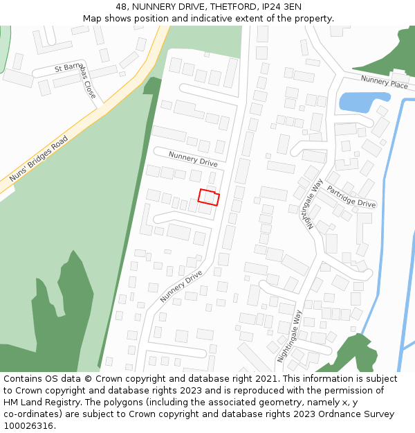 48, NUNNERY DRIVE, THETFORD, IP24 3EN: Location map and indicative extent of plot