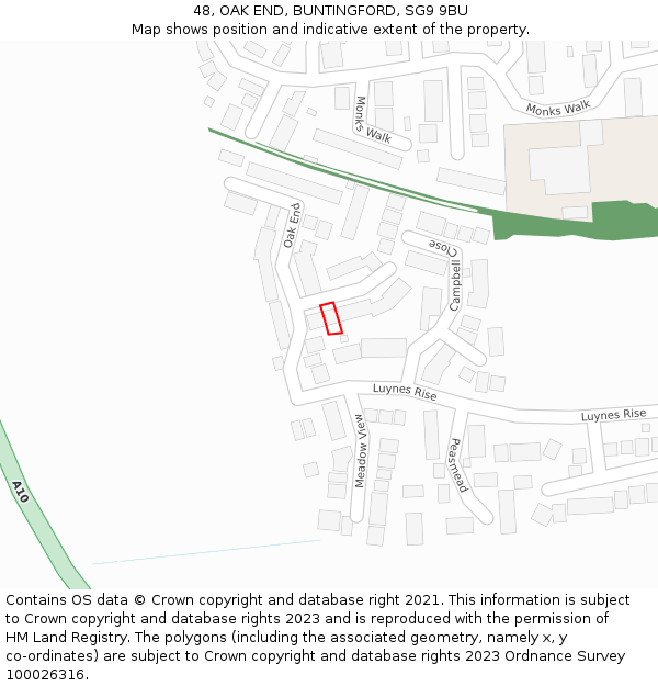 48, OAK END, BUNTINGFORD, SG9 9BU: Location map and indicative extent of plot