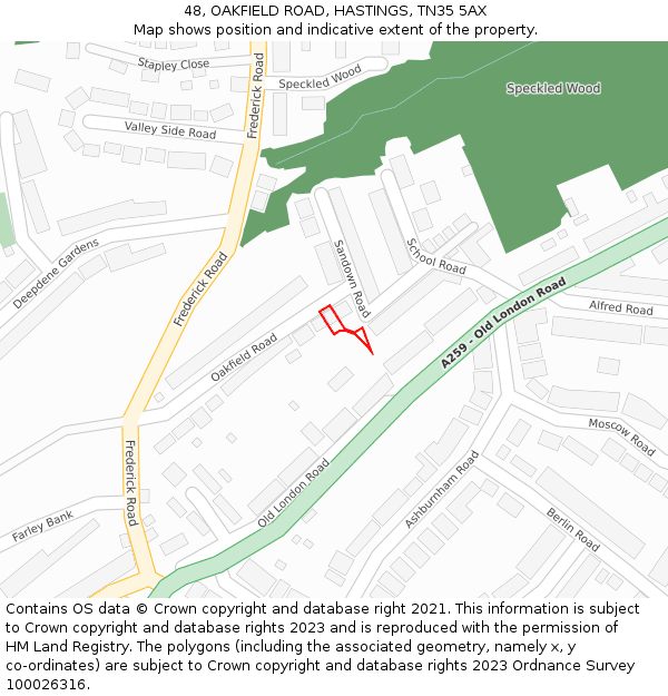 48, OAKFIELD ROAD, HASTINGS, TN35 5AX: Location map and indicative extent of plot