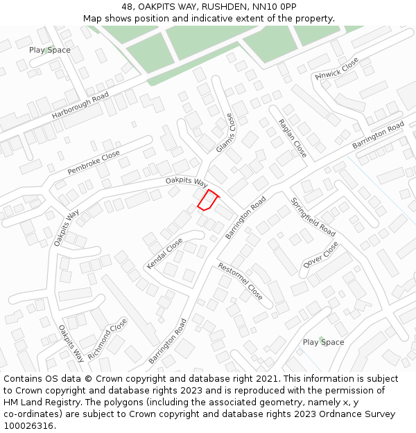 48, OAKPITS WAY, RUSHDEN, NN10 0PP: Location map and indicative extent of plot