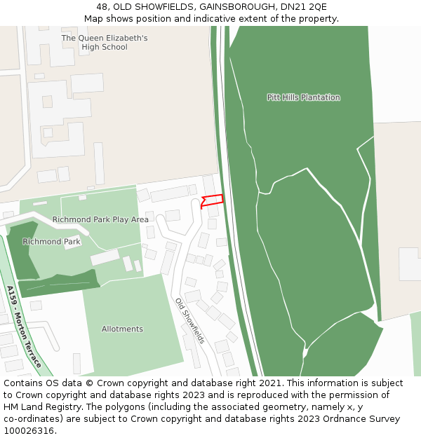 48, OLD SHOWFIELDS, GAINSBOROUGH, DN21 2QE: Location map and indicative extent of plot