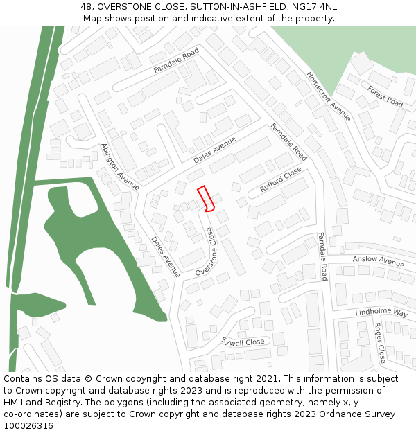 48, OVERSTONE CLOSE, SUTTON-IN-ASHFIELD, NG17 4NL: Location map and indicative extent of plot