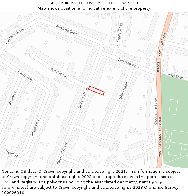 48, PARKLAND GROVE, ASHFORD, TW15 2JR: Location map and indicative extent of plot