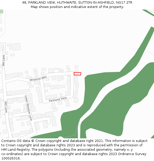 48, PARKLAND VIEW, HUTHWAITE, SUTTON-IN-ASHFIELD, NG17 2TR: Location map and indicative extent of plot