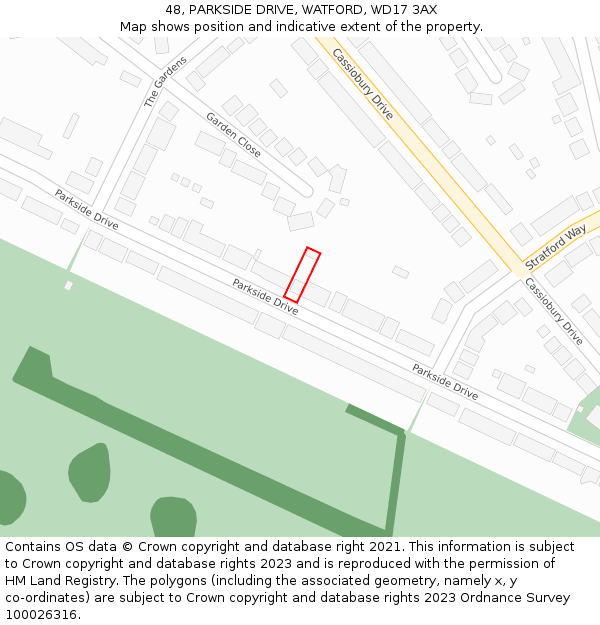 48, PARKSIDE DRIVE, WATFORD, WD17 3AX: Location map and indicative extent of plot