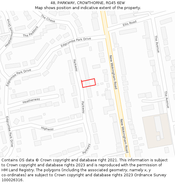 48, PARKWAY, CROWTHORNE, RG45 6EW: Location map and indicative extent of plot