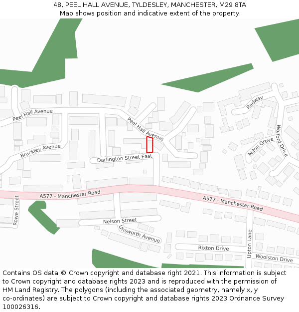 48, PEEL HALL AVENUE, TYLDESLEY, MANCHESTER, M29 8TA: Location map and indicative extent of plot