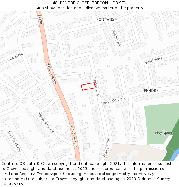 48, PENDRE CLOSE, BRECON, LD3 9EN: Location map and indicative extent of plot