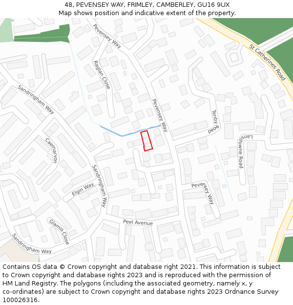 48, PEVENSEY WAY, FRIMLEY, CAMBERLEY, GU16 9UX: Location map and indicative extent of plot