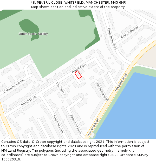 48, PEVERIL CLOSE, WHITEFIELD, MANCHESTER, M45 6NR: Location map and indicative extent of plot