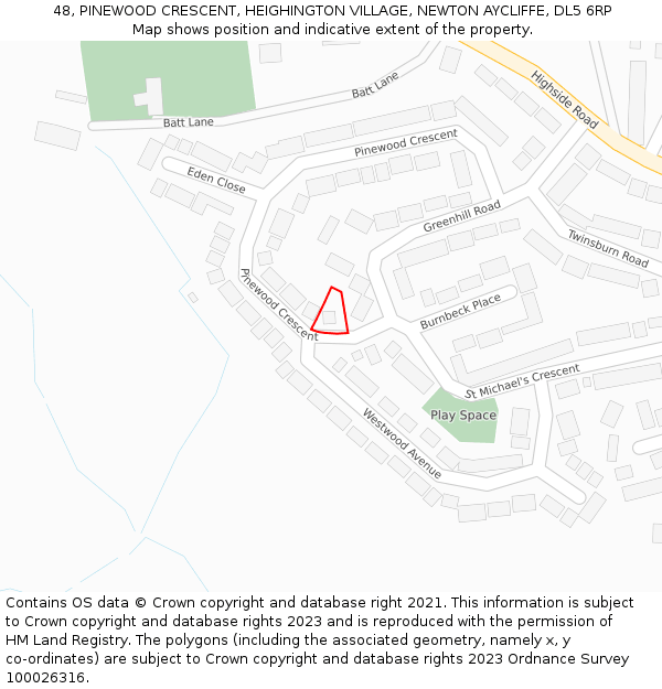 48, PINEWOOD CRESCENT, HEIGHINGTON VILLAGE, NEWTON AYCLIFFE, DL5 6RP: Location map and indicative extent of plot