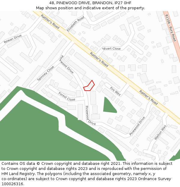 48, PINEWOOD DRIVE, BRANDON, IP27 0HF: Location map and indicative extent of plot