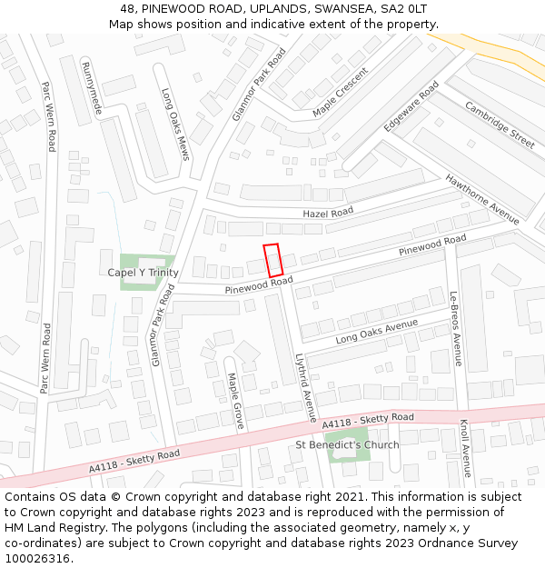 48, PINEWOOD ROAD, UPLANDS, SWANSEA, SA2 0LT: Location map and indicative extent of plot