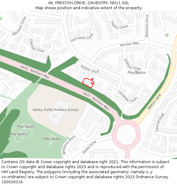 48, PRESTON DRIVE, DAVENTRY, NN11 0GL: Location map and indicative extent of plot