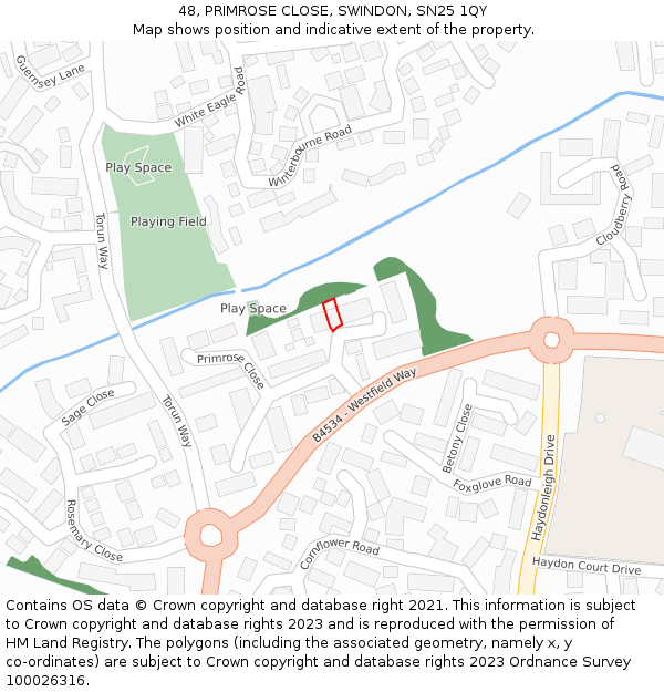 48, PRIMROSE CLOSE, SWINDON, SN25 1QY: Location map and indicative extent of plot