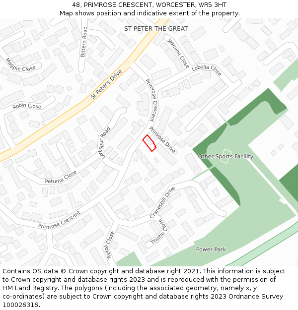 48, PRIMROSE CRESCENT, WORCESTER, WR5 3HT: Location map and indicative extent of plot