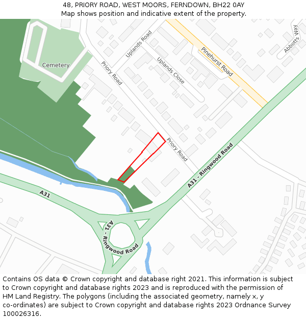 48, PRIORY ROAD, WEST MOORS, FERNDOWN, BH22 0AY: Location map and indicative extent of plot